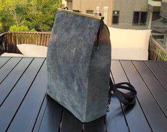 Genuine Italian suede leather charcoal black backpack/shoulder bag/crossbody. Classic, unique & chic. Kisslock metal frame bag.  Sheepskin.