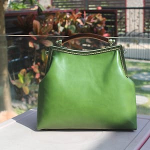 Vegan leather bag with metal frame kiss lock opening and mock tortoise shell top handle
