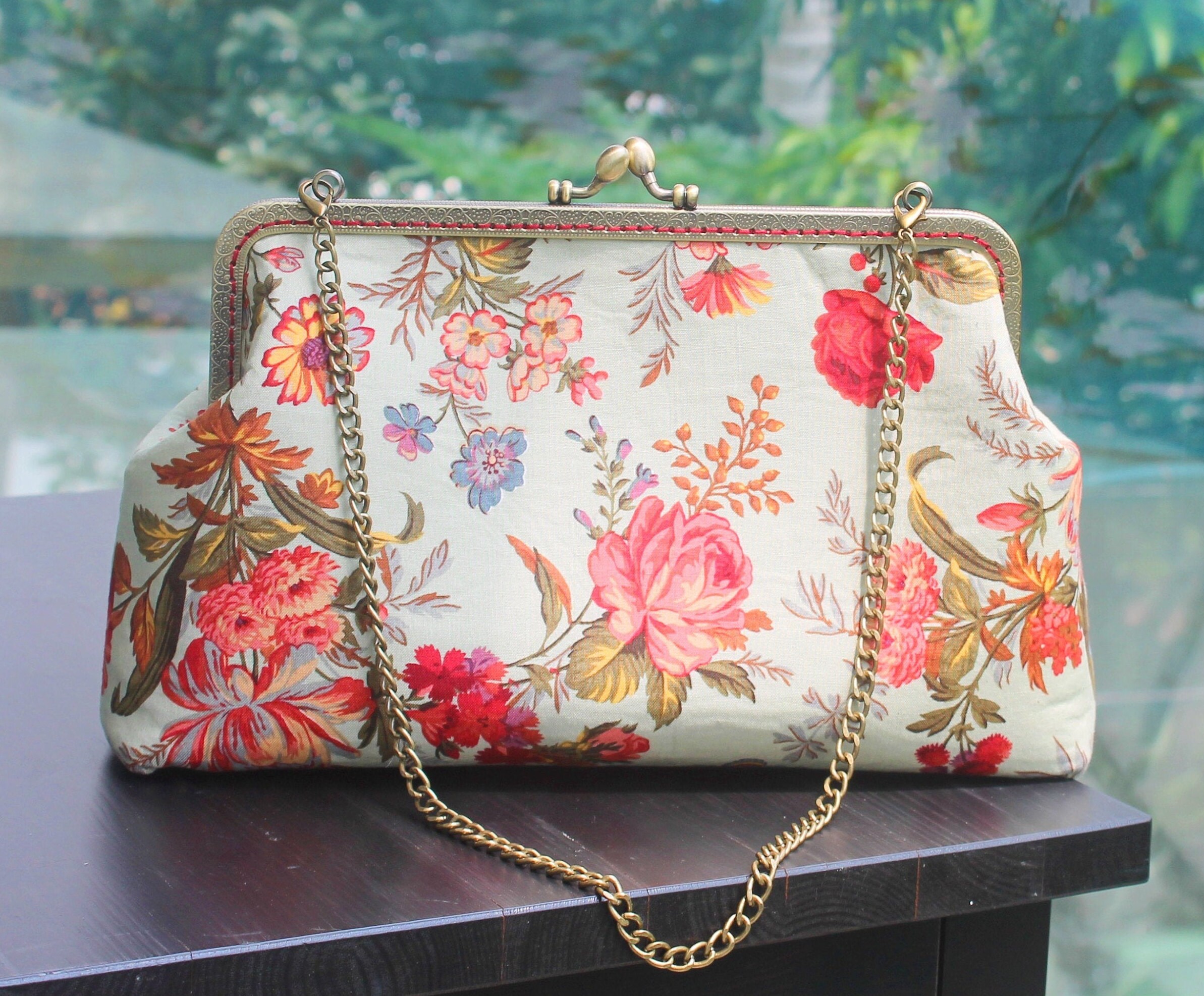 Spring Loaded Purse Spring Floral Print Large Size Shoulder Bag or Clutch Bag With 25cm ...