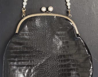 Faux crocodile leather handbag with 25cm kiss lock with pearl knob