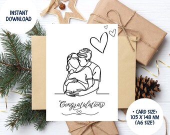 May include: A white greeting card with a black line drawing of a couple embracing, with a pregnant belly. The word "Congratulations" is written below the drawing. The card is surrounded by brown paper and gift boxes. Text on the card says "Instant Download" and "Card Size: 105 x 148 mm (A6 size)".