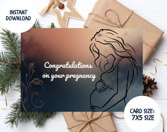 May include: A greeting card with the text "Congratulations on your pregnancy" and an illustration of a pregnant person. The card has a gradient background of brown and blue. Card size is 7x5 inches.