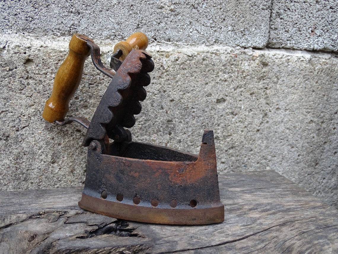 Collectible Vintage Old Charcoal Clothes Iron With Wood Etsy