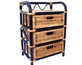 Wicker Stand with 3 Drawers - Blue Boho Rattan Side Table - Vintage Bohemian Nightstand - Dark Blue End Table