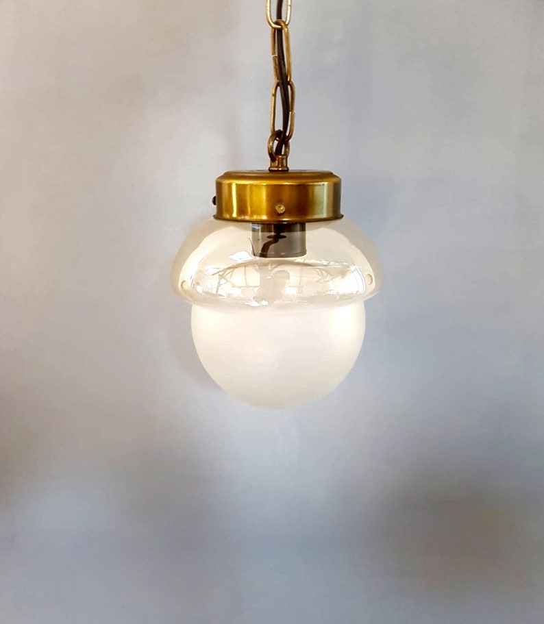 Vintage Pendant Light With Etched Glass Mid Century Modern French Hall Lamp Retro Ceiling Amber Entryway Lighting