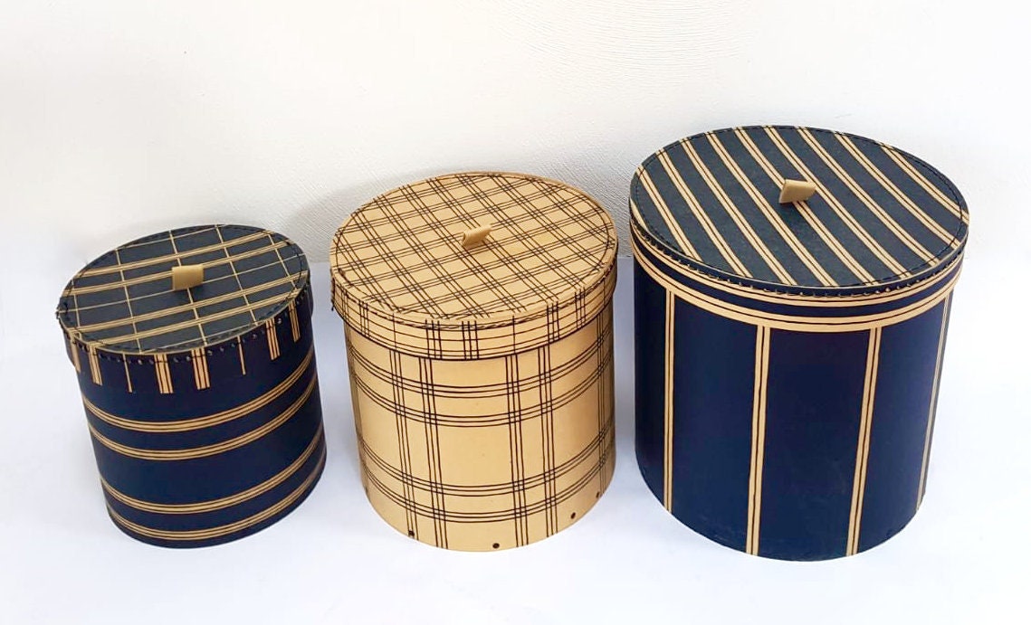 Set of 3 Large Vintage Boxes Round Hat Box Cardboard Striped Etsy