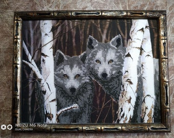 Embroidered cross Embroidered picture wolfs Embroidered hand with cross stitch picture Handmade beaded embroidered  pair of wolves