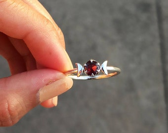 Moon Ring Red Garnet Ring Crescent Ring Adjustable Ring Moon Garnet Ring Half Moon Ring Hippie Ring,Boho Ring,925 Sterling Silver Ring