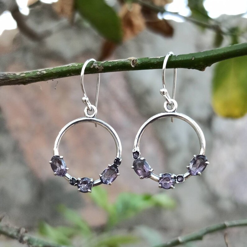 Amethyst Gemstone Earrings Handmade Earrings Round Silver Earrings Purple Stone Earrings 925 Sterling Silver Earrings Artisan Jewelry