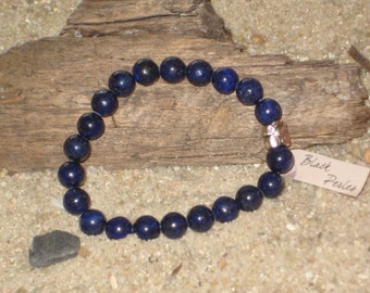 Bracelet élastique perles Lapis Lazuli bleu perle métal argenté tibétain fleur