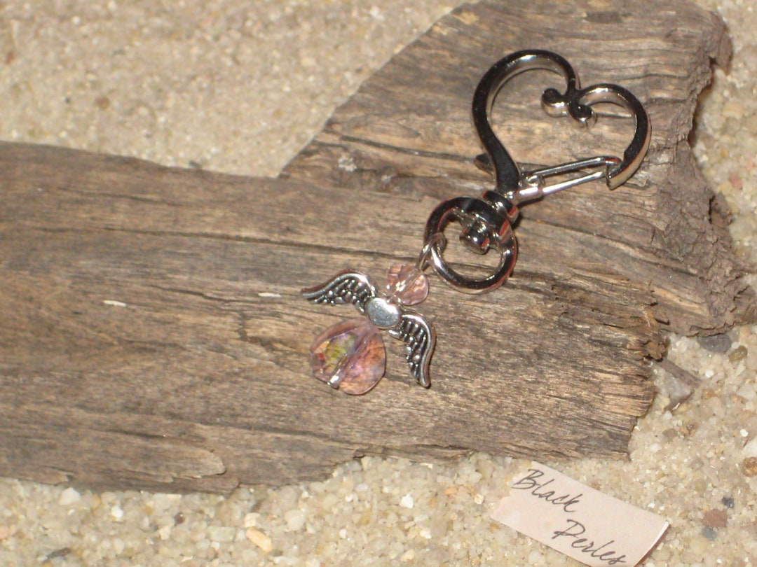 Heart Key Ring Pink Glass Heart Beads Angel Wings Charm - Etsy