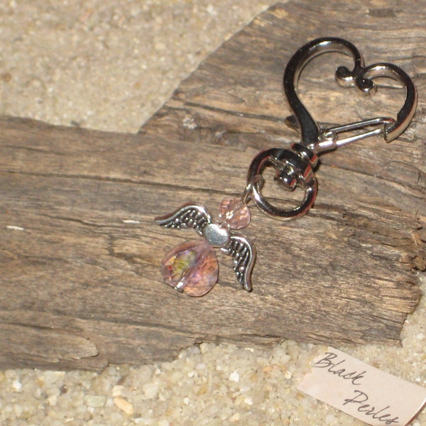 Porte clés coeur Perles rose verre coeur Breloque ailes d'ange