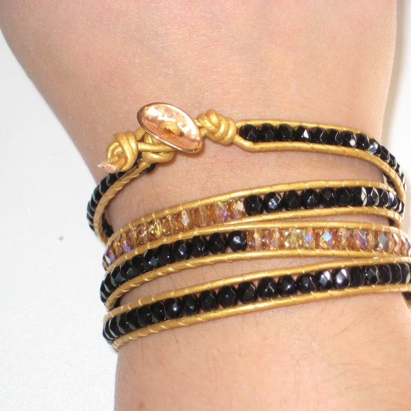 Bracelet wrap cuir 4 tours style bohème chic noir or Preciosa facette Bouton métal doré