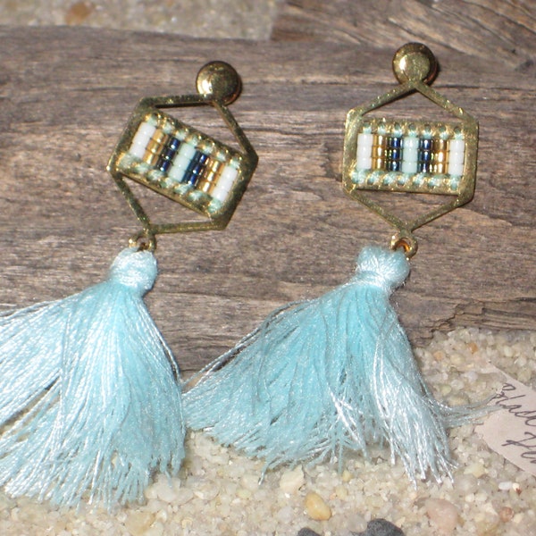 Boucles d'oreilles clous doré Miyuki Délicas Bleu clair Bleu Doré Pompon bleu clair