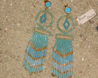 Creole earrings fringed fleas Boho chic style Miyuki Delicas golden turquoise blue Miyuki bugles turquoise Brick stitch