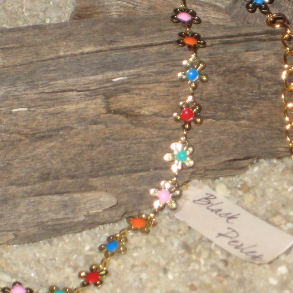 Collier choker ras du cou chaine petites fleurs multicolores Style girly