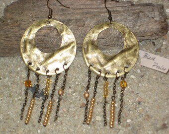 Boucles d'oreille pendante créoles style ethnique chic bronze Miyuki rocaille or marron Preciosa facette or marrron