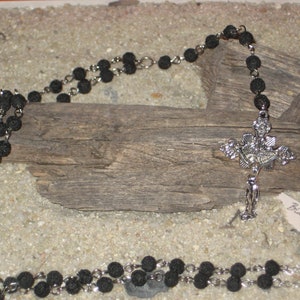Gothic Rosary Necklace Black Lava Stone Beads Silver Metal Cross