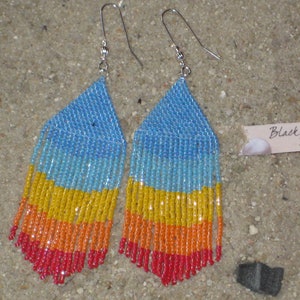 Earrings Triangle with Fringes Bohemian Style Summer Colors Miyuki Délicas Blue Yellow Orange Red Blue turquoise Brick stitch