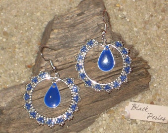 Boucles d'oreilles créoles Style chic Miyuki Délicas bleu argent Miyu rocaille argent Brick stitch Goutte email bleu