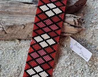 Miyuki Delicas bracelet red purple cream Tartan pattern Peyote weaving