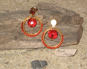 Boucles d'oreilles puces créoles Or 24K style chic Perle Swarovski rouge Miyuki Délicas rouge or Brick stitch