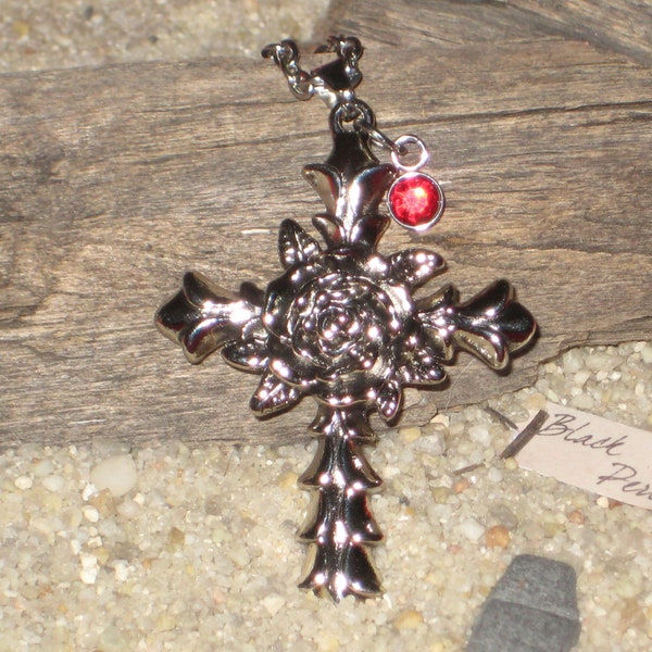 Collier pendentif rose croix Perle strass rouge verre Style gothique