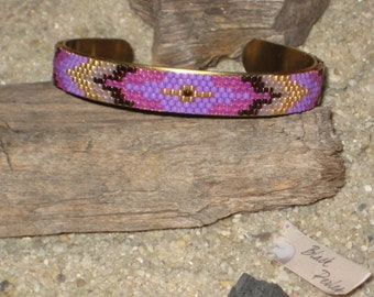 Bracelet jonc doré laiton Tissage peyote Miyuki Délicas violet or