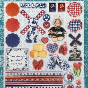 Saca imágenes de todas las cosas holandesas para la elaboración de papel, incluidos tulipanes, zapatos de madera, molino de viento y cerámica azul de Delft