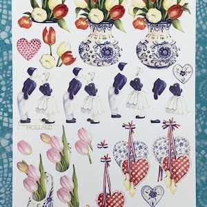 Immagini olandesi per lavori di carta, tra cui tulipani, cuori e ceramiche blu di Delft