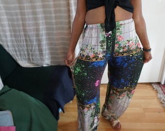 Baggy Print Pants / Wide Leg Bohemian Stretch Pants / Elastic Waistband Rave Pants / Handmade in Italy