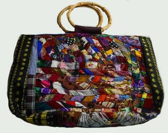 Bag Patchwork Bag Tote Bag Original Bag Wooden Handles Bag Ethnic Bag Italian Handmade Patchwork Fabric Bag