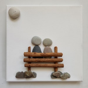 Couple Pebble Art on Canvas: Cinnamon Stick Bench, Retirement Gift bild 10