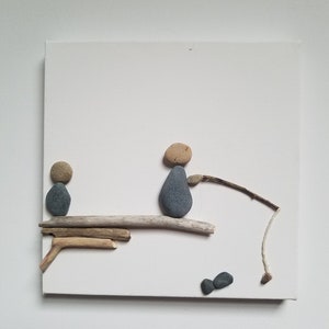Gone Fishing Pebble Art | Fishing Rock Art | Gifts for Fisherman | Father and Son | 8x8 Canvas | Lakehouse Wall Decor | Driftwood Art |