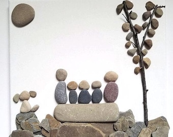 Custom Family Pebble Portrait – Personalized Rock Art with Pets – Lake Michigan Stones