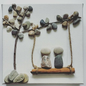 Couple on Swing Pebble Art | Rustic Home Decor | 8x8 Canvas | Small Space Art | Neutral Colors | One-of-a-kind | Rock Art