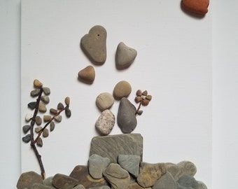 Handmade Couple Pebble Art, Lake Michigan Rocks, Anniversary Gift