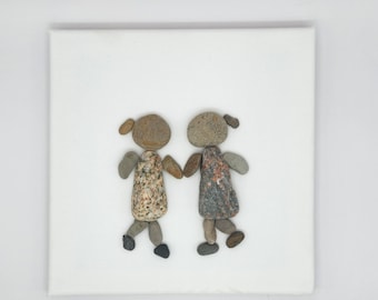 Handmade Pebble Art Canvas, Sisters, Friends Gift