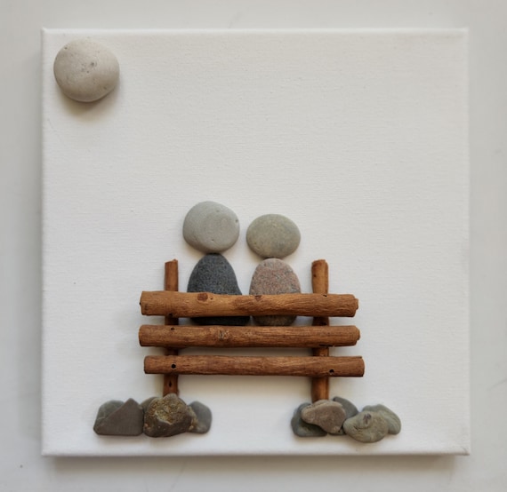 Couple Pebble Art on Canvas: Cinnamon Stick Bench, Retirement Gift