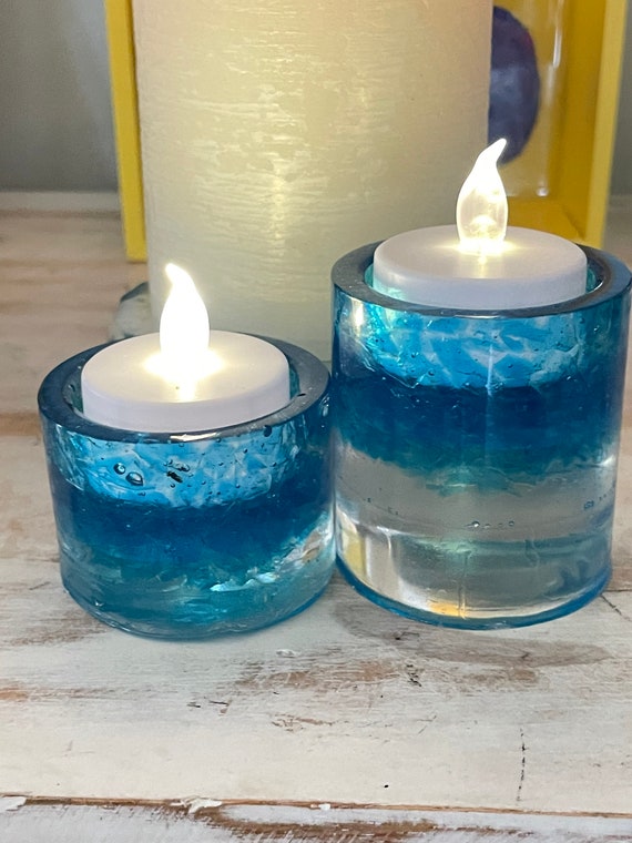 Resin Candle Holders Made With Recycled Blues Sea Glass Etsy