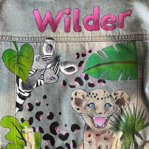 Kids denim jacket, hand-painted denim, toddler jacket, designs on denim, safari design on denim, personalized baby jacket, custom design