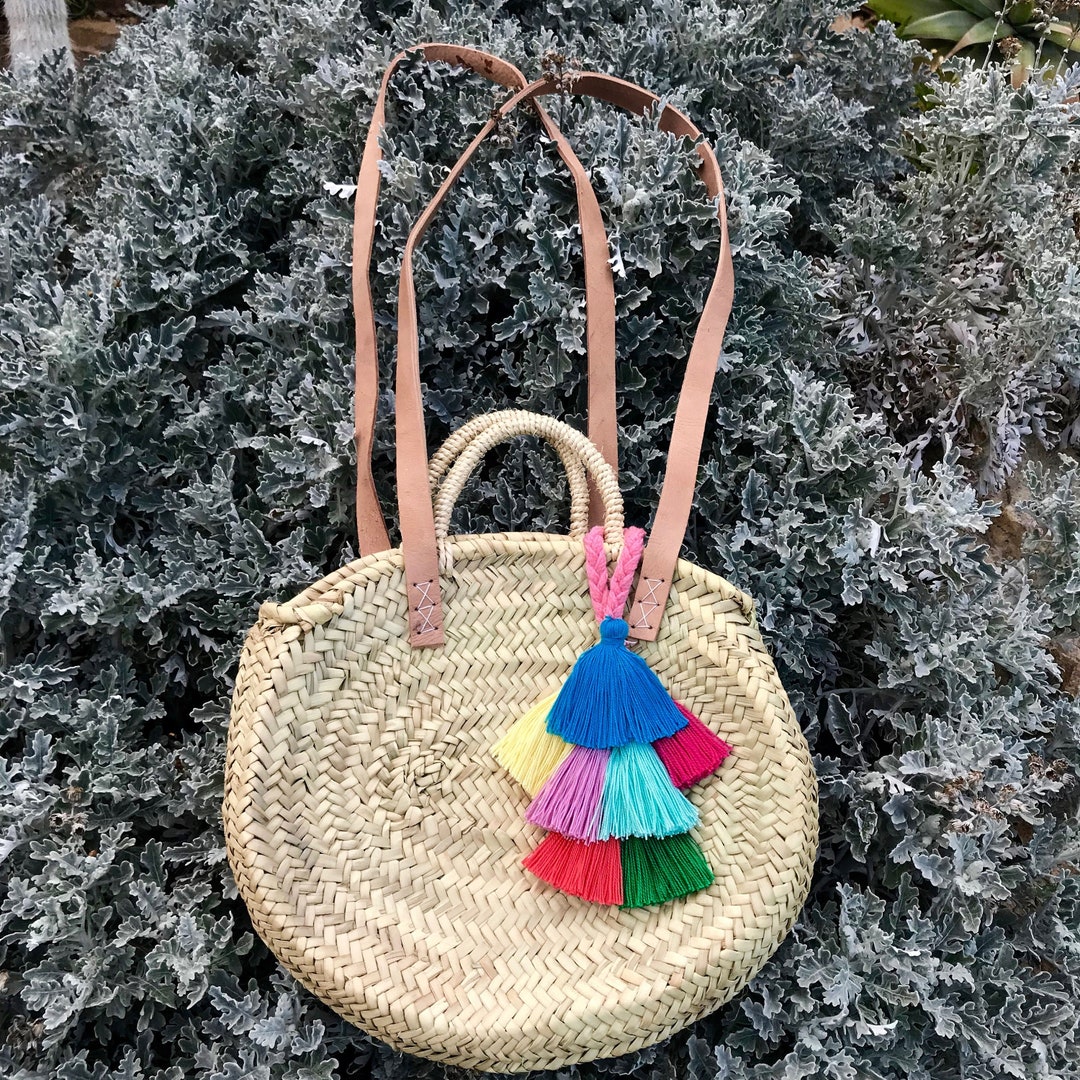 Round Straw Basket With Pompoms Etsy