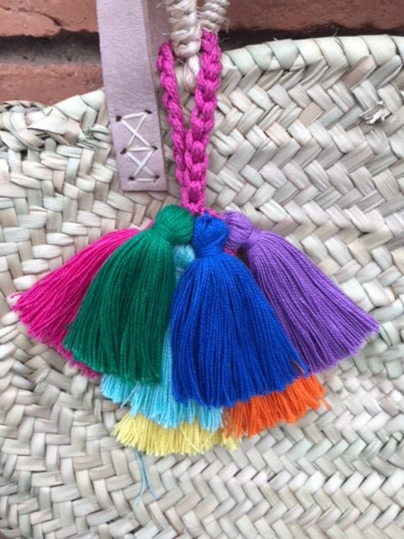 Round Straw Basket With Pompoms Etsy