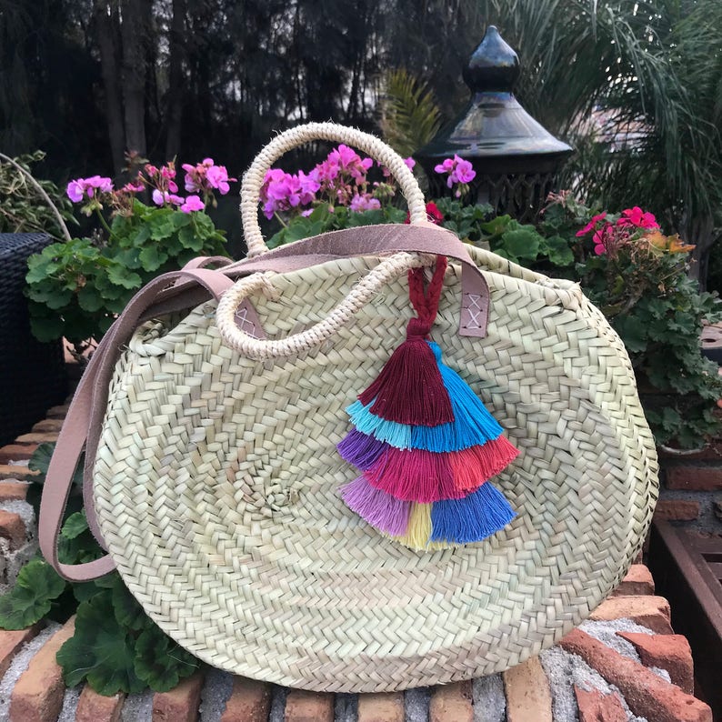 Round Straw Basket With Pompoms Etsy