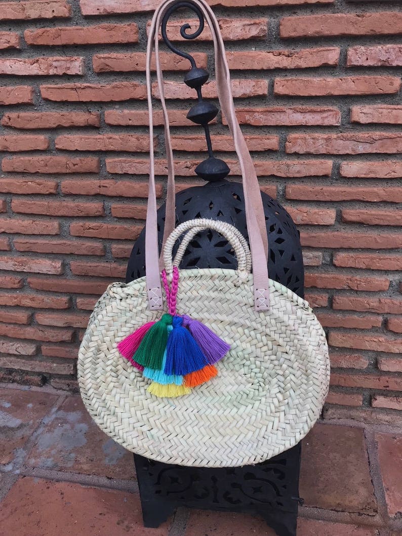 Round Straw Basket With Pompoms Etsy