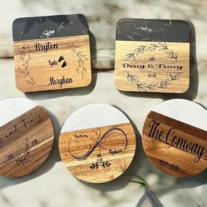Custom wood engraved coasters great for wedding gift housewarming gift kitchenware baby shower gift personal gift 5th anniversary gift