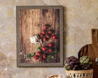 Rustic Kitchen Wall Decor, Tomatoes & Garlic, Kitchen Wall Art Prints, Italian Food, Kitchen Art, Farmhouse, Food Photography, Cafe Art