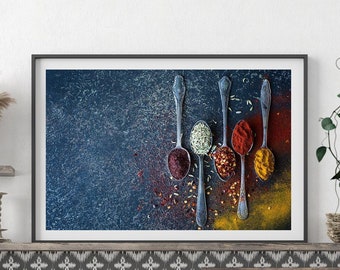 Kitchen Wall Decor, Spices Spoons Wall Art Print, Blue Kitchen Art, Contemporary Food Photography, Restaurant Wall Art, Pantry Wall Decor