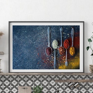 Kitchen Wall Decor, Spices Spoons Wall Art Print, Blue Kitchen Art, Contemporary Food Photography, Restaurant Wall Art, Pantry Wall Decor