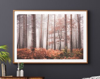 Tree Photography Wall Art, Foggy Autumn Woodland Landscape, Forest Wall Art, Botanical Wall Art, Living Room Print, Office Wall Art